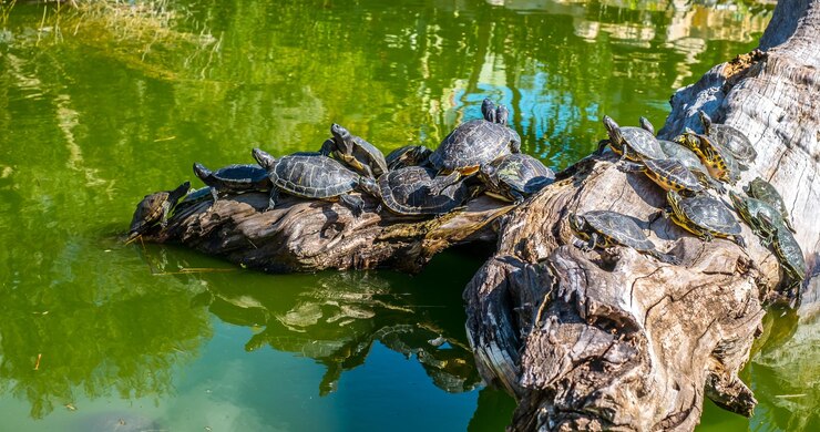 Foto vista de ángulo alto de la tortuga en el lago