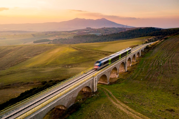 Foto vista de ángulo alto del tren en el ferrocarril contra el cielo al atardecer