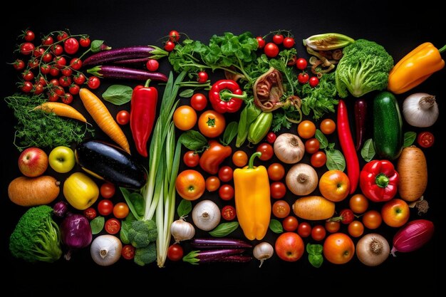 Vista de ángulo alto de varias verduras crudas sobre fondo negro