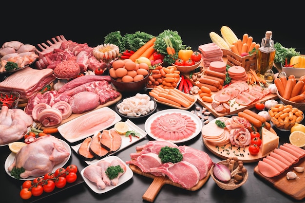 Foto vista de ángulo alto de varios alimentos en la mesa contra un fondo negro