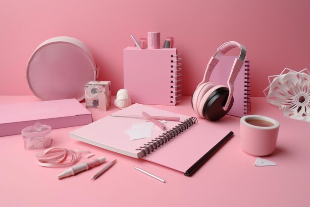 Vista de ángulo alto de varios papelería sobre fondo rosa