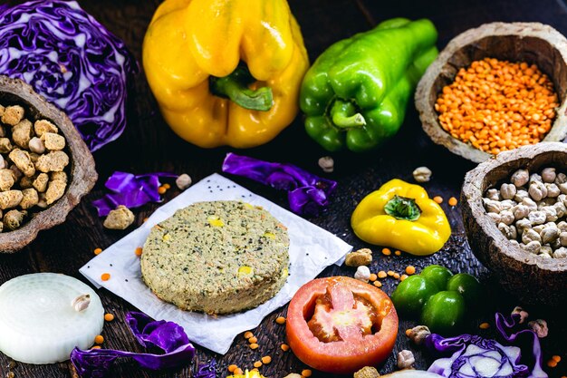 Foto vista de ángulo alto de verduras de varios colores en la mesa