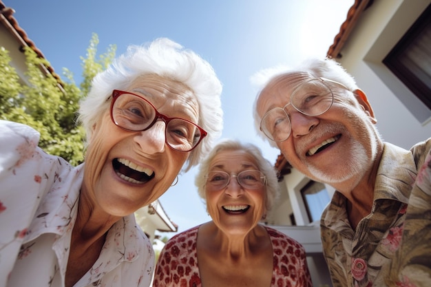 Vista de ángulo bajo de ancianos divirtiéndose y mirando a la cámara