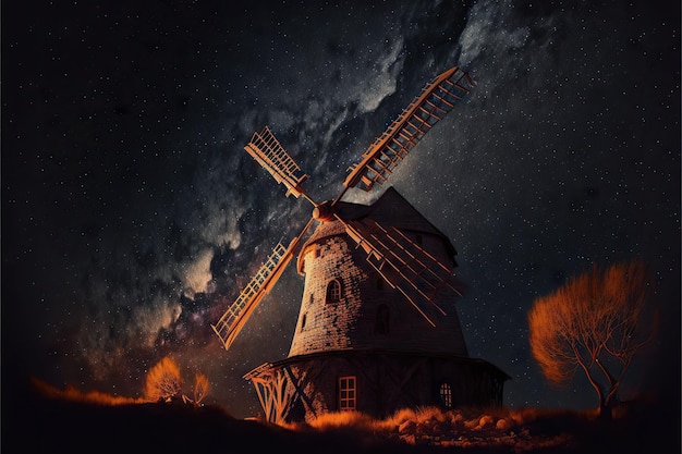 Vista de ángulo bajo del antiguo molino de viento con cielo nocturno en el fondo creado con ai generativo