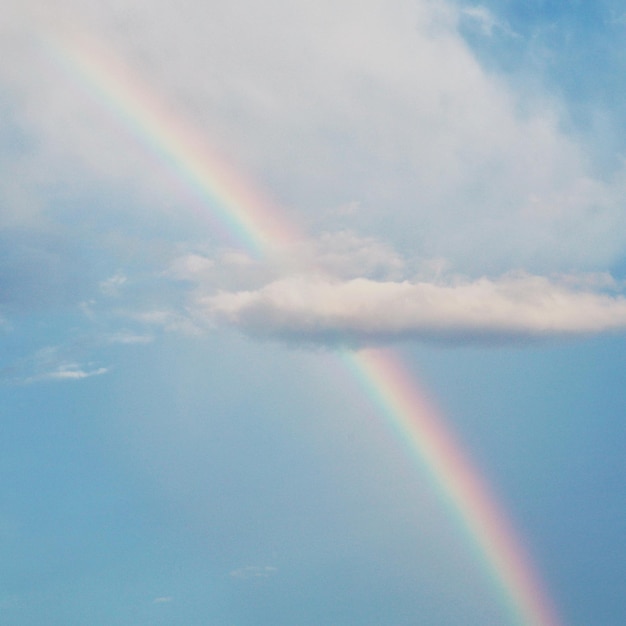 Vista de ángulo bajo del arco iris en un cielo nublado