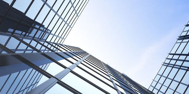 Vista de ángulo bajo de la arquitectura futurista, edificio de oficinas de rascacielos con nube reflejada en la ventana, renderizado 3D.