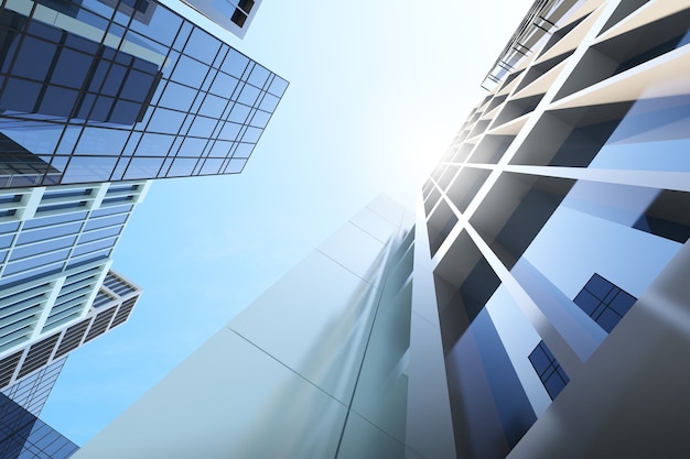 Vista de ángulo bajo de la arquitectura futurista, rascacielos del edificio de oficinas corporativas, renderizado 3D.