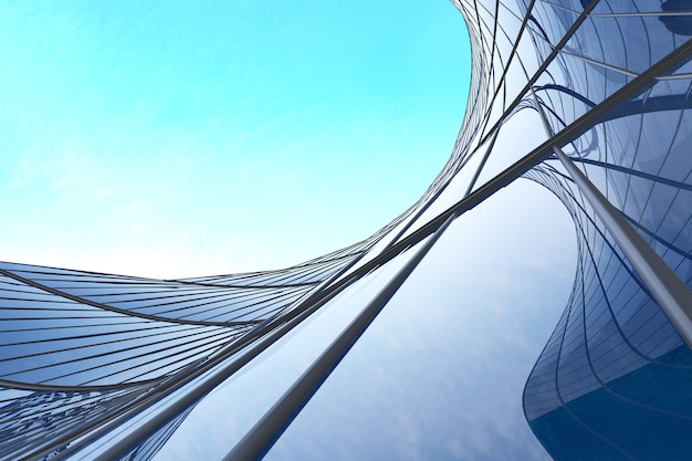 Vista de ángulo bajo de la arquitectura futurista, rascacielos del edificio de oficinas con ventana de cristal curva, renderizado 3D.