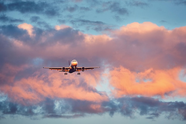 Vista en bajo ángulo de un avión volando al atardecer