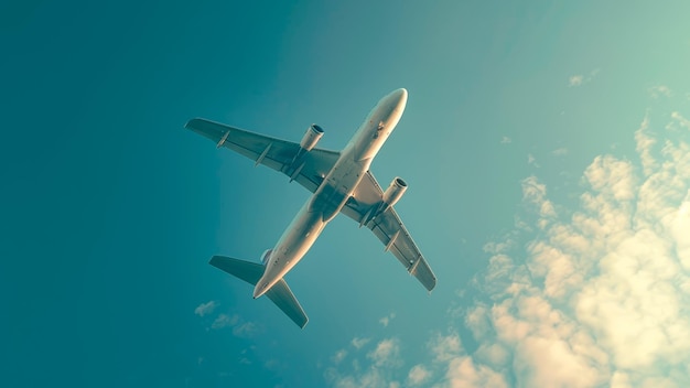 una vista de bajo ángulo de un avión volando en el cielo azul