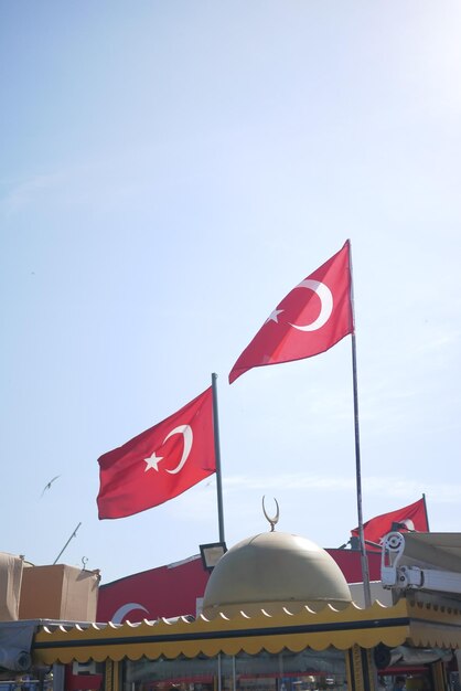 Vista de ángulo bajo de la bandera turca contra el cielo