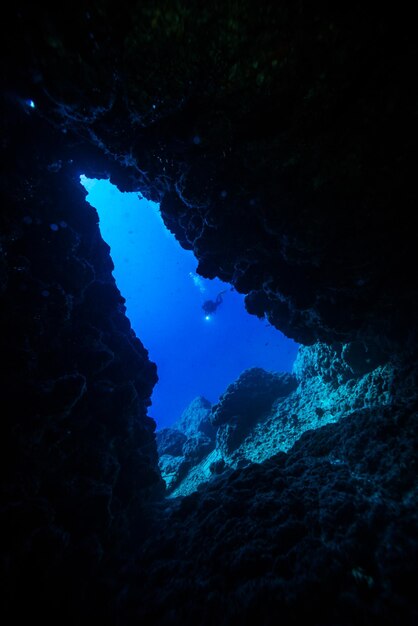 Foto vista desde un ángulo bajo de un buzo que nada junto a las rocas bajo el mar