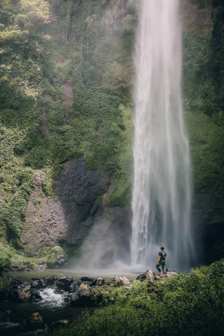 Foto vista de ángulo bajo de una cascada en el bosque