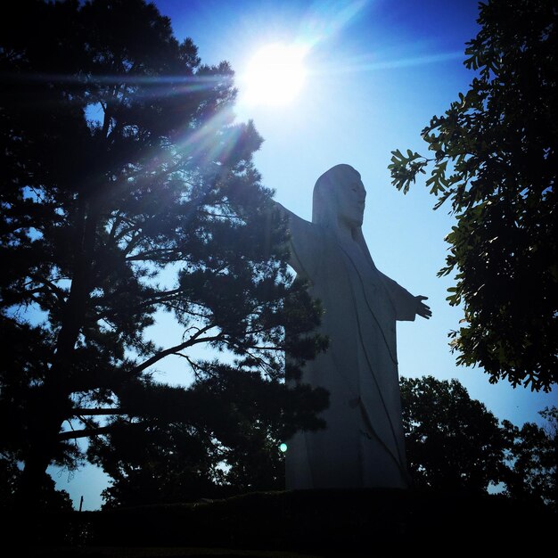 Foto vista de ángulo bajo de cristo de los ozarks y árboles contra el cielo