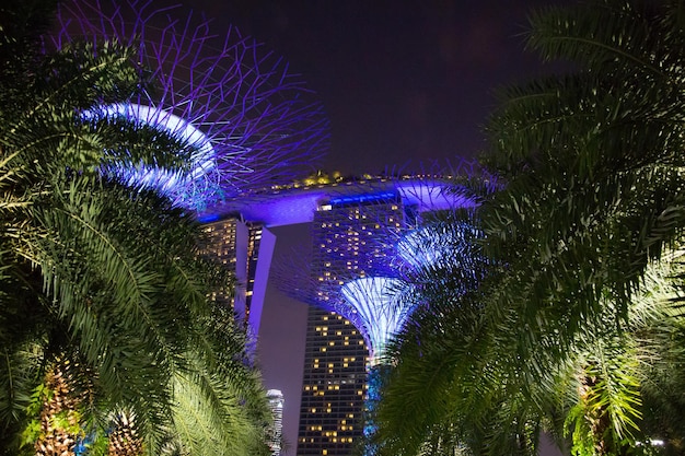 Vista de ángulo bajo de la decoración iluminada en la ciudad por la noche