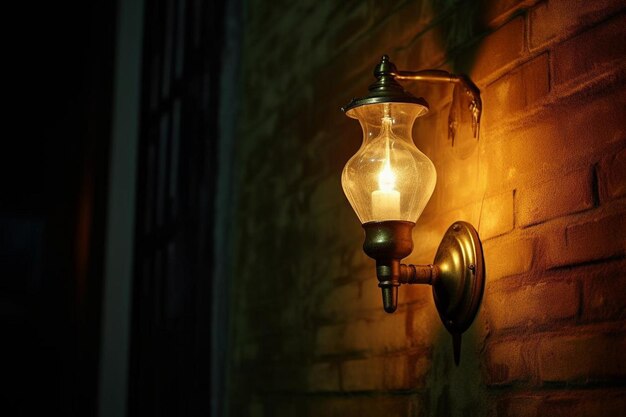 Vista de ángulo bajo del equipo de iluminación iluminado montado en la pared