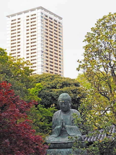 Vista de bajo ángulo de la estatua de Buda en medio de los árboles contra el rascacielos en la ciudad