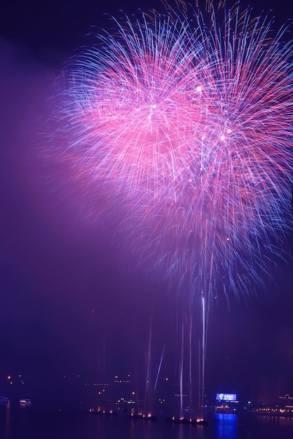 Vista de ángulo bajo de una exhibición de fuegos artificiales iluminados contra el cielo por la noche