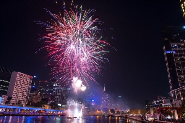 Vista de bajo ángulo de la exhibición de fuegos artificiales por la noche