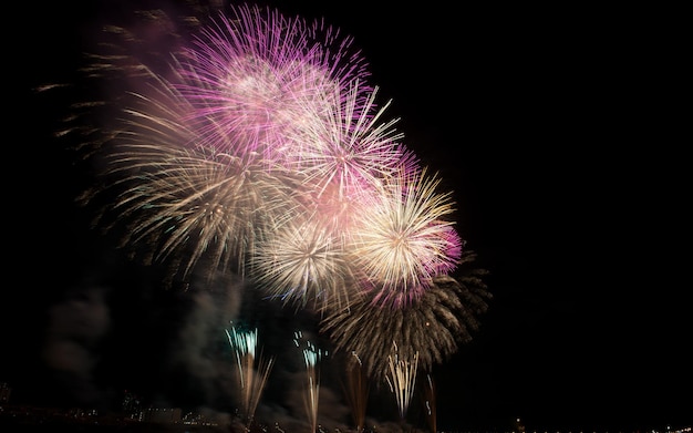 Vista de bajo ángulo de la exhibición de fuegos artificiales por la noche