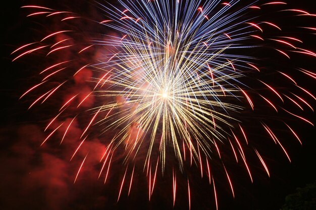 Foto vista de bajo ángulo de la exhibición de fuegos artificiales por la noche