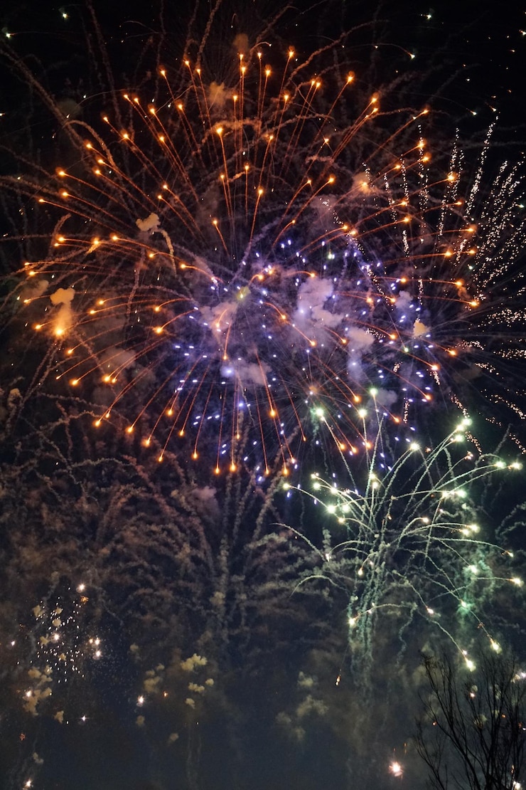 Foto vista de bajo ángulo de la exhibición de fuegos artificiales por la noche