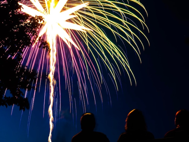 Foto vista de bajo ángulo de la exhibición de fuegos artificiales por la noche