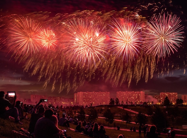 Vista de bajo ángulo de la exhibición de fuegos artificiales por la noche