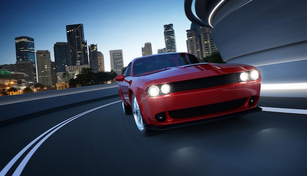 Vista en ángulo frontal de un coche de músculo americano sin marca rojo genérico en una calle de la ciudad con desenfoque de movimiento. Concepto de transporte. Representación 3D. Medios mixtos.