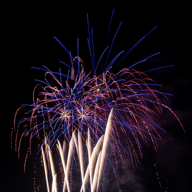 Vista de bajo ángulo de fuegos artificiales contra el cielo nocturno