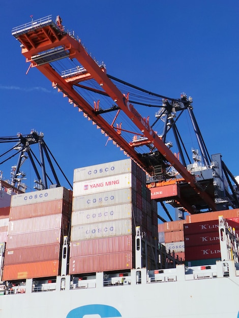 Vista de ángulo bajo de la grúa en el muelle comercial contra el cielo azul