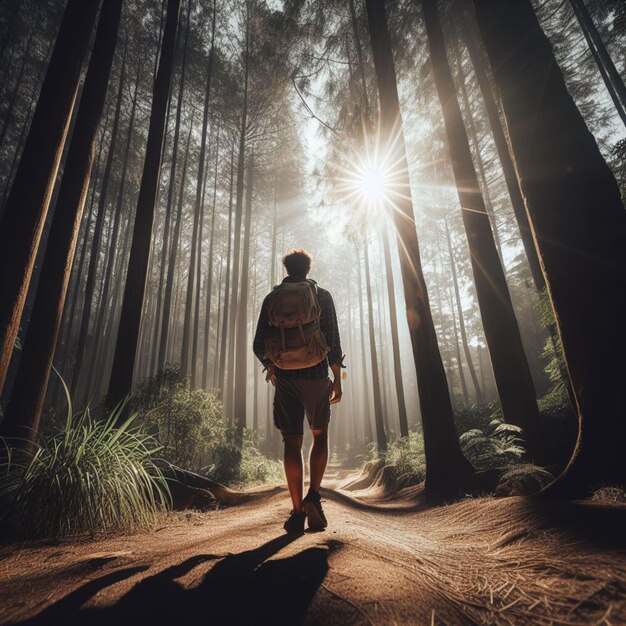 Vista de ángulo bajo de un hombre con una mochila en un bosque.