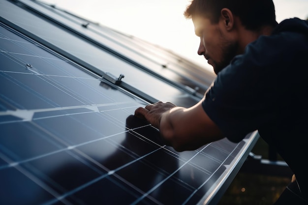 Vista en bajo ángulo de un joven de pie cerca de los paneles solares Él está mirando a la cámara Closeup de los técnicos del hombre vista trasera instalando un panel solar AI generado