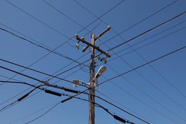 Vista en bajo ángulo de las líneas eléctricas contra un cielo despejado