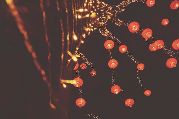 Vista de ángulo bajo de linternas iluminadas colgando de un árbol desnudo