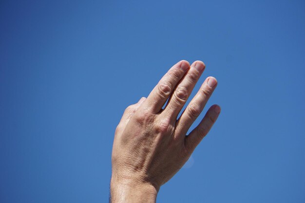 Vista de ángulo bajo de la mano recortada contra el cielo