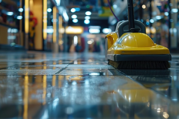 Una vista de ángulo bajo de una máquina de limpieza de piso amarillo en el trabajo en un espacio comercial