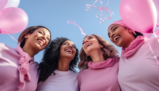 Vista de ángulo bajo de mujeres multiétnicas felices con cintas