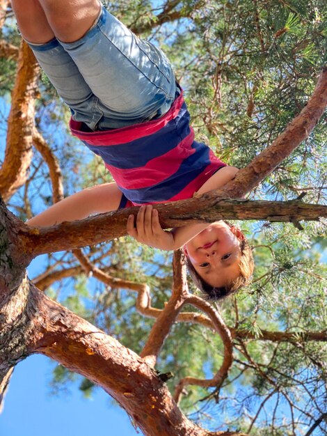 Foto vista en bajo ángulo de un niño escalando un árbol