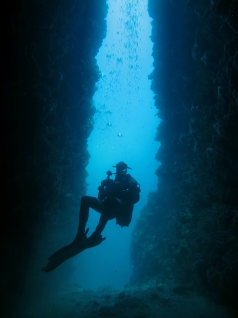 Vista en bajo ángulo de una persona buceando en el mar