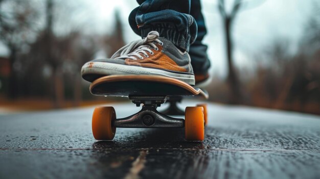 Foto vista desde un ángulo bajo de una persona patinando en una calle húmeda