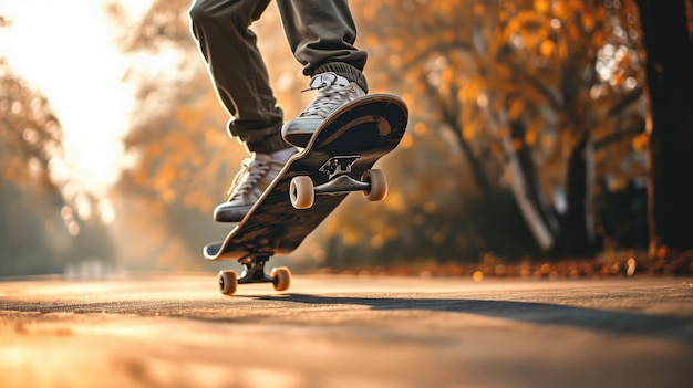 Vista de bajo ángulo de una persona en patineta por un camino bordeado de hojas de otoño