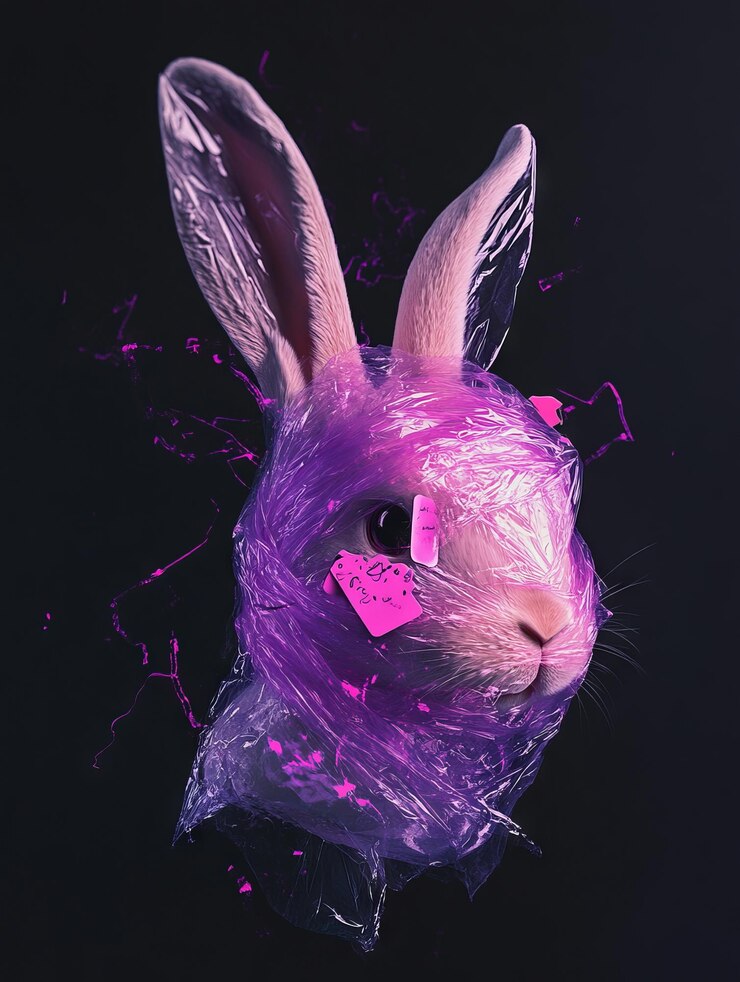 vista de ángulo bajo con una portada de álbum para un conejo que tiene acentos rosados y púrpuras La cabeza del conejo está envuelta