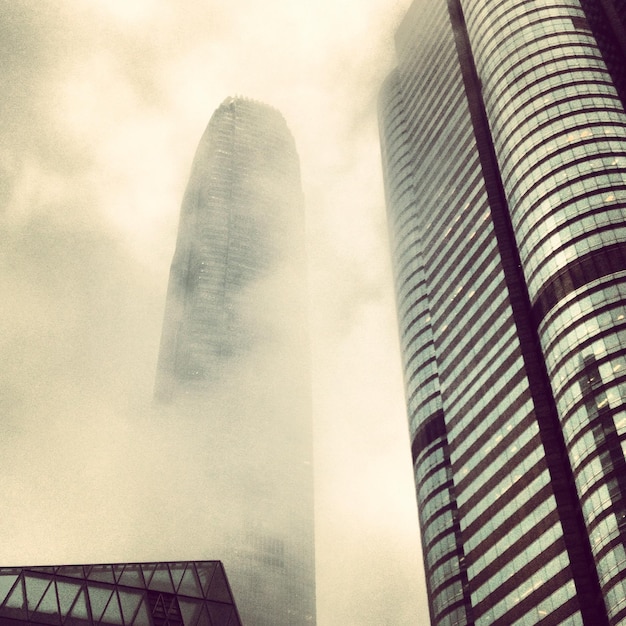 Foto vista en bajo ángulo de rascacielos en la niebla