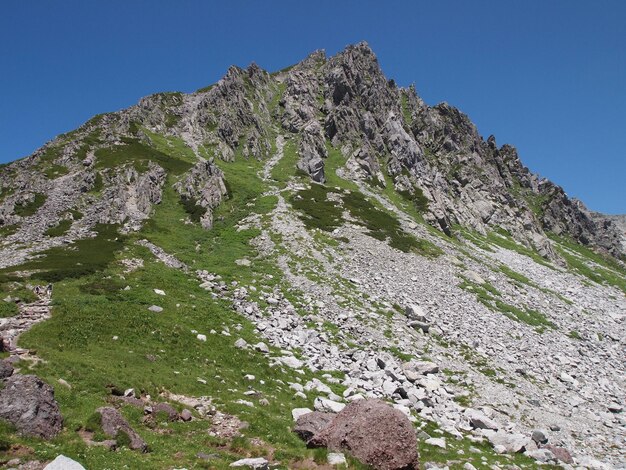 Vista de ángulo bajo de las rocas en la montaña contra un cielo despejado