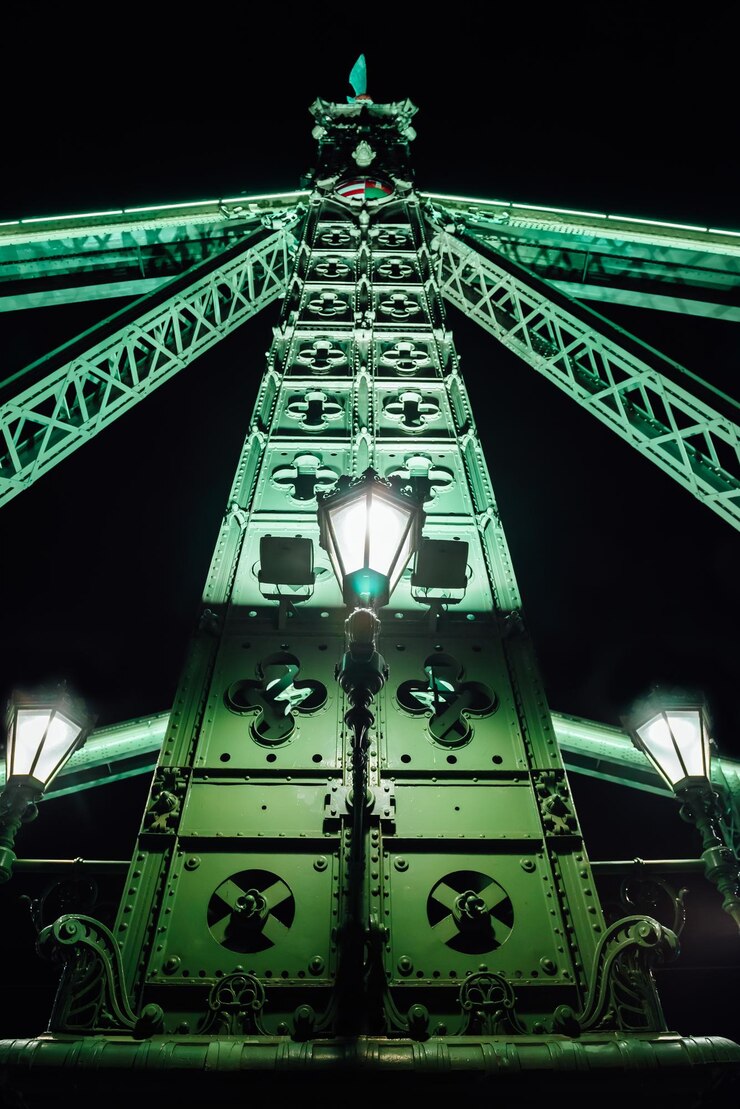Foto vista de ángulo bajo de la rueda gigante iluminada por la noche