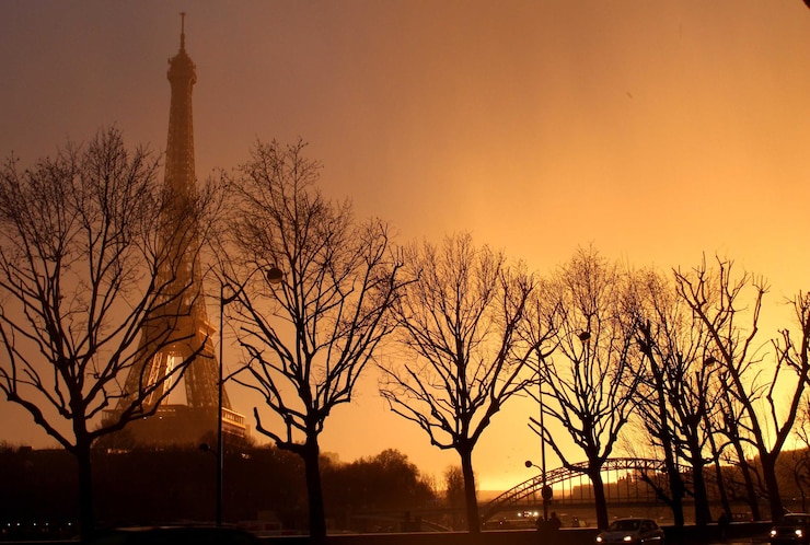 Foto vista de ángulo bajo de las siluetas de los árboles de la torre eiffel contra el cielo durante la puesta de sol