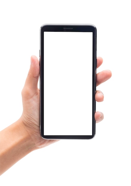 Vista de ángulo bajo del teléfono inteligente contra un fondo blanco