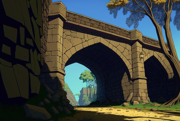 Una vista de ángulo bajo tomada desde debajo de un imponente puente de piedra