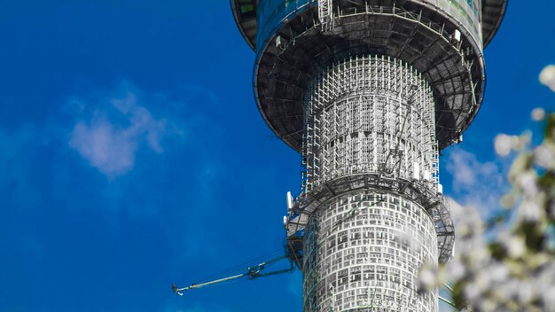 Foto vista de bajo ángulo de la torre ostankino contra el cielo azul